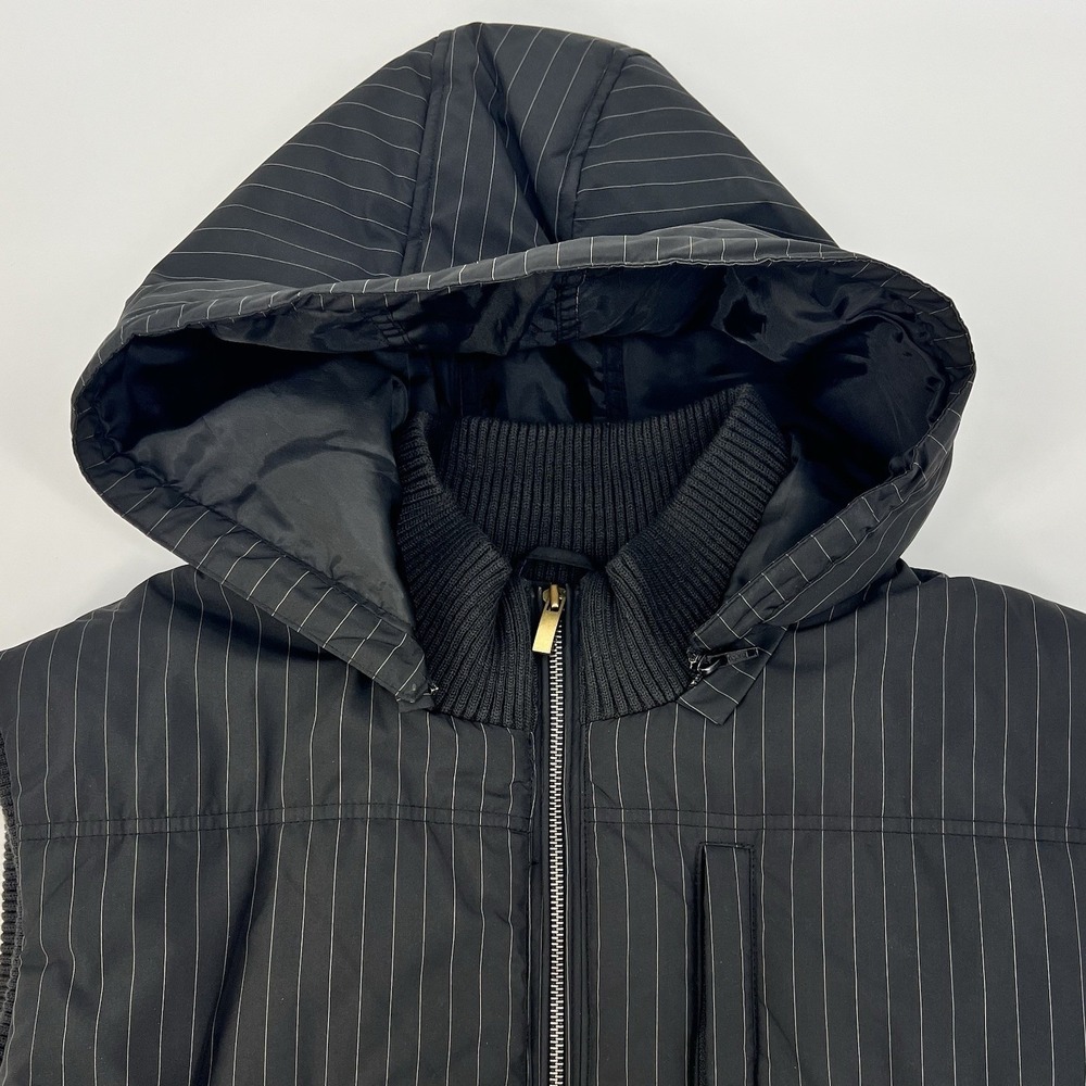 Vintage Y2K Structure Vest Mens XL Black Pinstripe Removable Hood Puffer EV-105